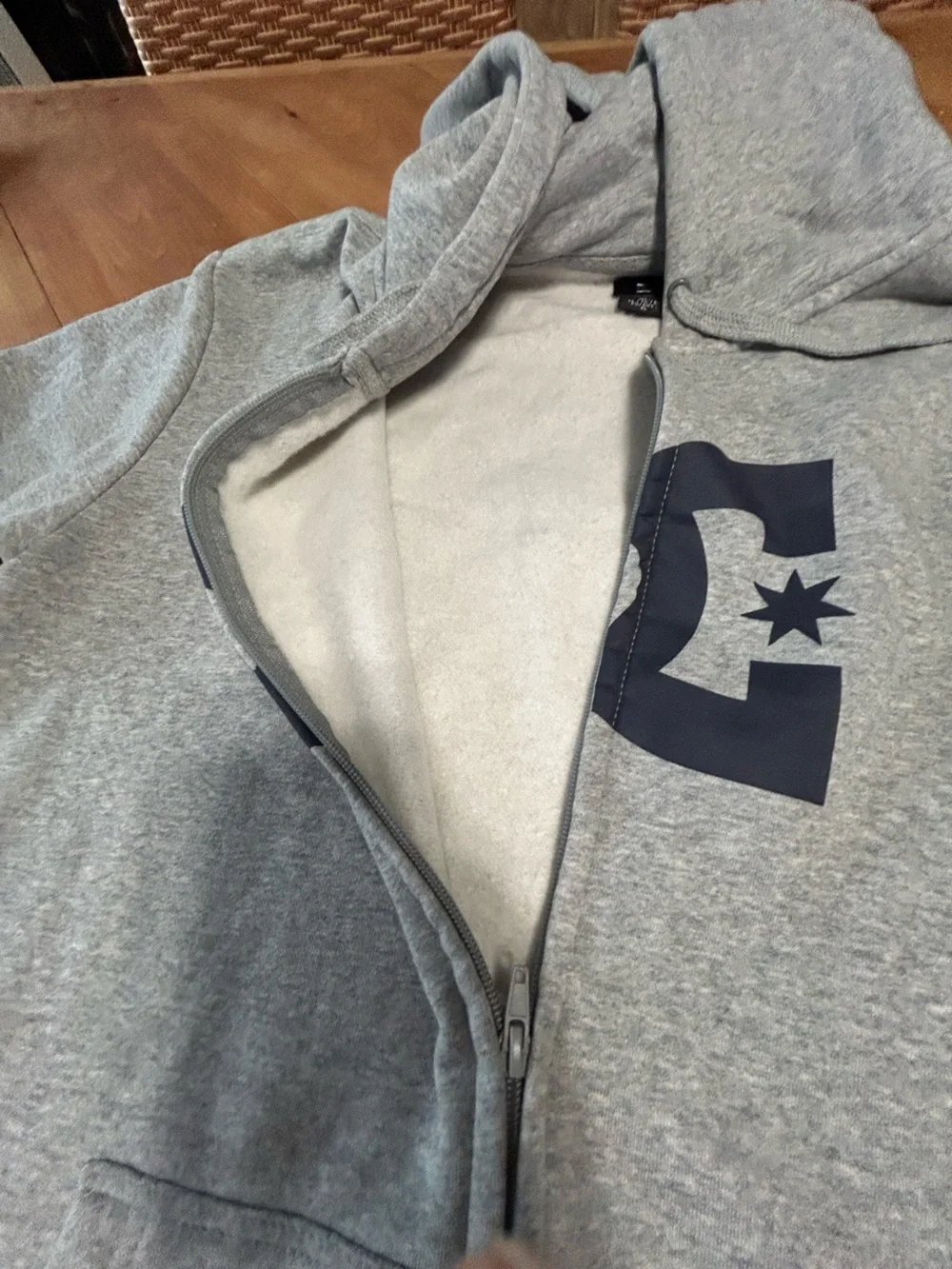 DC Men’s Light Gray Zip-Up Hoodie with Black Logo